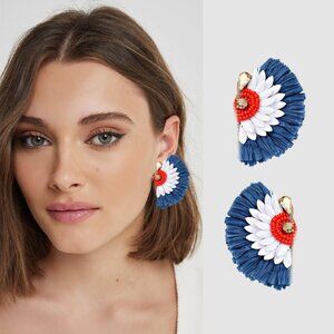 4th of July American Pride Raffia Angel Wing Style Crystal Accent Earrings